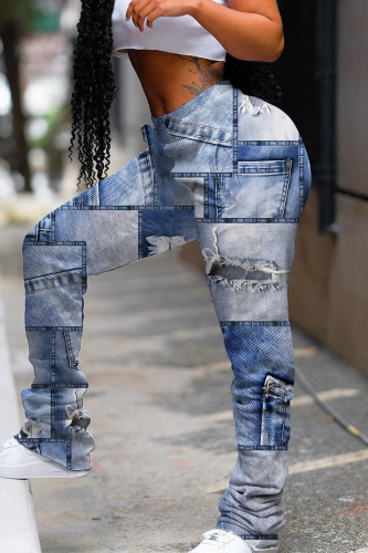 Light Blue Casual Print Fold Basic Regular High Waist Conventional Full Print Trousers