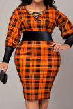 Elegant Print Patchwork Cross Straps Slit Asymmetrical Collar Pencil Skirt Plus Size Dresses