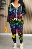 Casual Print Patchwork Hooded Collar Long Sleeve Two Pieces