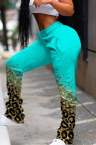 Cyan Casual Print Fold Regular Mid Waist Conventional Full Print Trousers