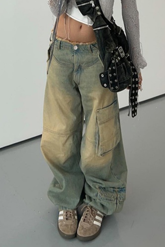 Casual Patchwork Make Old High Waist Regular Denim Jeans