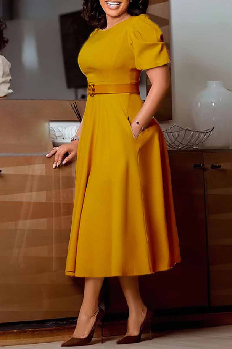 Wholesale Casual Solid With Belt O Neck A Line Dresses K94145 Online