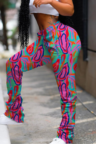 Rose Red Casual Print Fold Regular High Waist Conventional Full Print Bottoms
