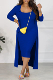Colorful Blue Casual Solid Patchwork O Neck Long Sleeve Two Pieces