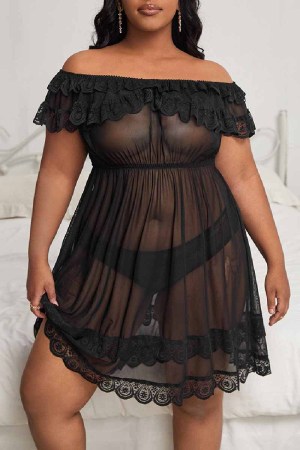 Sexy Living Solid Patchwork See-through Off the Shoulder Plus Size Sleepwear (With Panties)