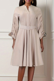 Casual Solid Draw String With Belt V Neck Long Sleeve Dresses