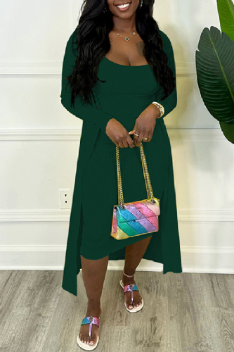 Ink Green Orange Ribbed Knit Sweater Two Piece Set Sleeveless Midi Slip Dress with Matching Long Cardigan Perfect for Casual Vacation Wear