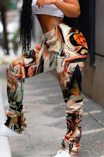 Multicolor Casual Print Fold Basic Regular High Waist Conventional Full Print Trousers