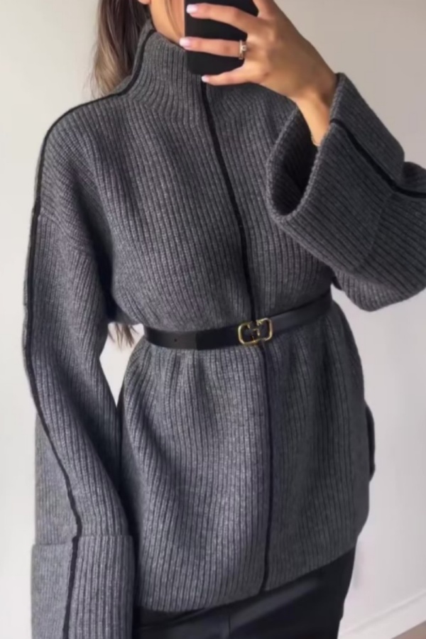 Casual Solid Patchwork Turtleneck Tops (Without Belt)