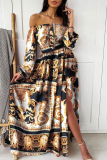 Bohemian Vintage Geometric Slit Printing Off the Shoulder Printed Dress Dresses