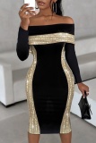 Sexy Casual Patchwork Sequins Backless Slit Off the Shoulder Long Sleeve Dresses