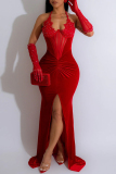 Sexy Formal Solid Backless Slit Halter Long Dress (With Sleeves)