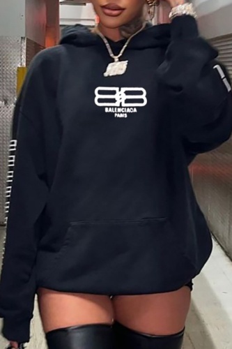 Casual Print Basic Hooded Collar Tops