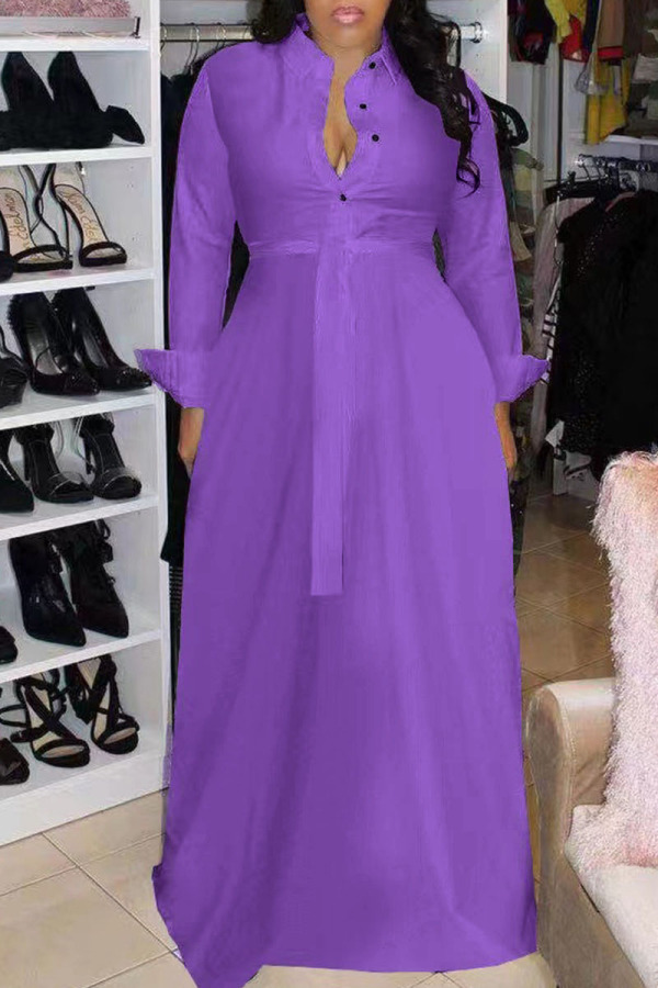 Purple Casual Solid Bandage Patchwork Buckle Turndown Collar Straight Dresses