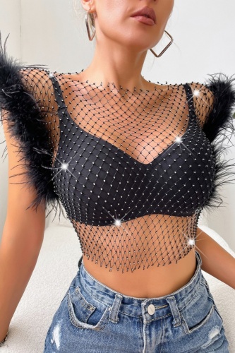 Sexy Patchwork Rhinestone Hollowed Out See-through O Neck Tops