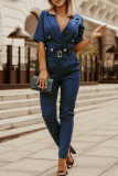 Casual Street Solid Patchwork Buttons Turn-back Collar Regular Jumpsuits