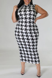 Black White Casual Print Basic Half A Turtleneck Sleeveless Dress Plus Size Two Pieces