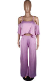 purple Sexy Fashion Patchwork ruffle Solid Straight Half Sleeve Two-piece Pants Set