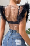 Sexy Patchwork Rhinestone Hollowed Out See-through O Neck Tops