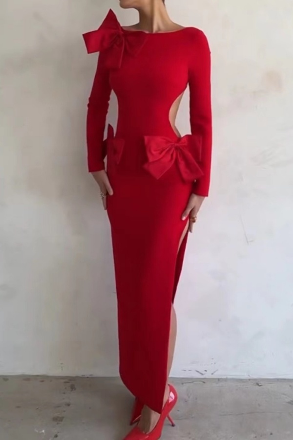 Sexy Formal Solid Hollowed Out Slit With Bow O Neck Long Dress Dresses