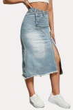 Casual Solid Slit High Waist Skinny Denim Skirts