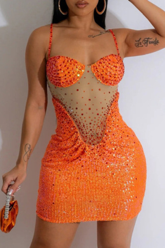Sexy Solid Hot Drilling Patchwork See-through Backless Spaghetti Strap Wrapped Skirt Dresses
