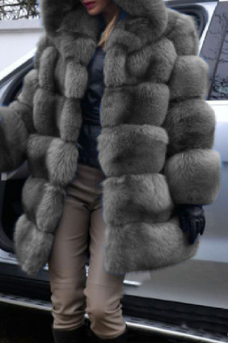 Faux Fur Casual Solid Cardigan Hooded Collar Outerwear