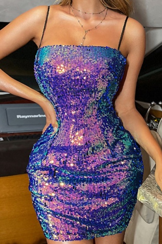 Sexy Patchwork Sequins Backless Spaghetti Strap Wrapped Skirt Dresses