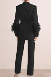 Elegant Solid Bandage Patchwork Buckle Feathers Turn-back Collar Long Sleeve Two Pieces