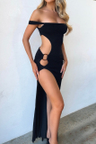 Sexy Vacation Solid Hollowed Out Asymmetrical Off the Shoulder Irregular Dress Dresses