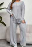 Casual Simplicity Solid Tassel Asymmetrical O Neck Plus Size Two Pieces