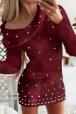 Casual Solid Beading Oblique Collar Long Sleeve Dresses