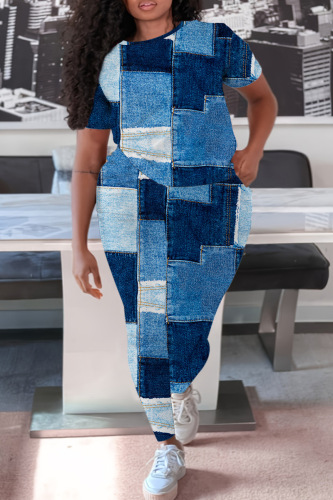 Casual Print Basic O Neck Short Sleeve Two Pieces