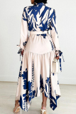 Elegant Print Patchwork With Belt Turndown Collar Irregular Dress Dresses