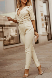Casual Street Solid Patchwork Buttons Turn-back Collar Regular Jumpsuits