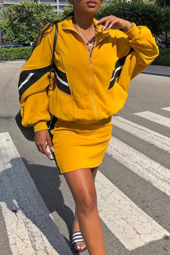 Casual Color Block Patchwork Pocket Zipper Turndown Collar Long Sleeve Two Pieces
