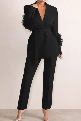 Elegant Solid Bandage Patchwork Buckle Feathers Turn-back Collar Long Sleeve Two Pieces