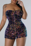 Casual Sequins Patchwork Zipper Strapless Skinny Rompers