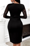 Casual Solid Patchwork See-through O Neck Long Sleeve Dresses