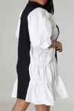Casual Color Block Patchwork Fold Zipper Turndown Collar Short Sleeve Dress Dresses
