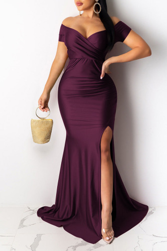 Burgundy Formal V Neck Off Shoulder Short Sleeve Side High Slit Ruched Slim Fit Evening Party Mermaid Maxi Dress for Wedding Guests