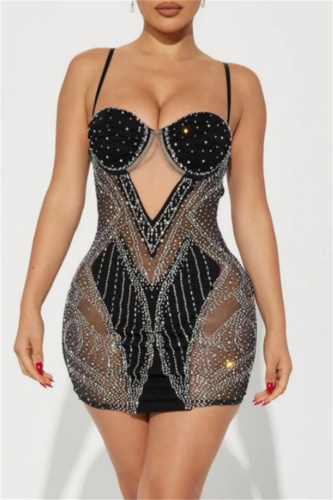 Sexy Patchwork Hot Drilling Backless Spaghetti Strap Wrapped Skirt Dresses