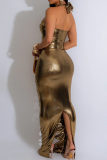 Sexy Solid Hollowed Out Patchwork Metal Accessories Decoration Halter Long Dress Dresses