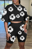 Casual Print Basic O Neck Half Sleeve Two Pieces