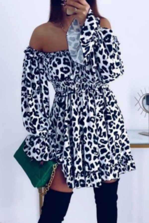 Casual Print Leopard Backless Off the Shoulder Dresses
