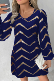 Casual Print Patchwork Contrast O Neck Long Sleeve Dresses