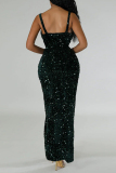 Sexy Patchwork Sequins Backless Slit Spaghetti Strap Long Dress Dresses