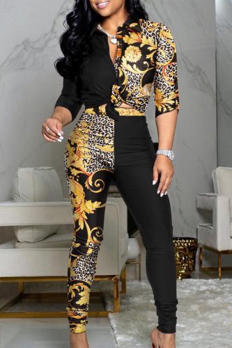 Casual Print Patchwork Buckle Cardigan Collar Three Quarter Two Pieces