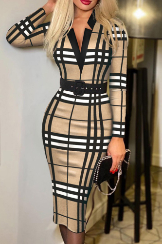 Elegant Print Patchwork With Belt V Neck Pencil Skirt Dresses（Belt Included）