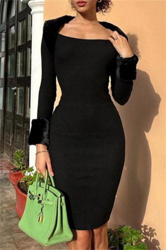 Casual Solid Patchwork Square Collar Long Sleeve Dresses